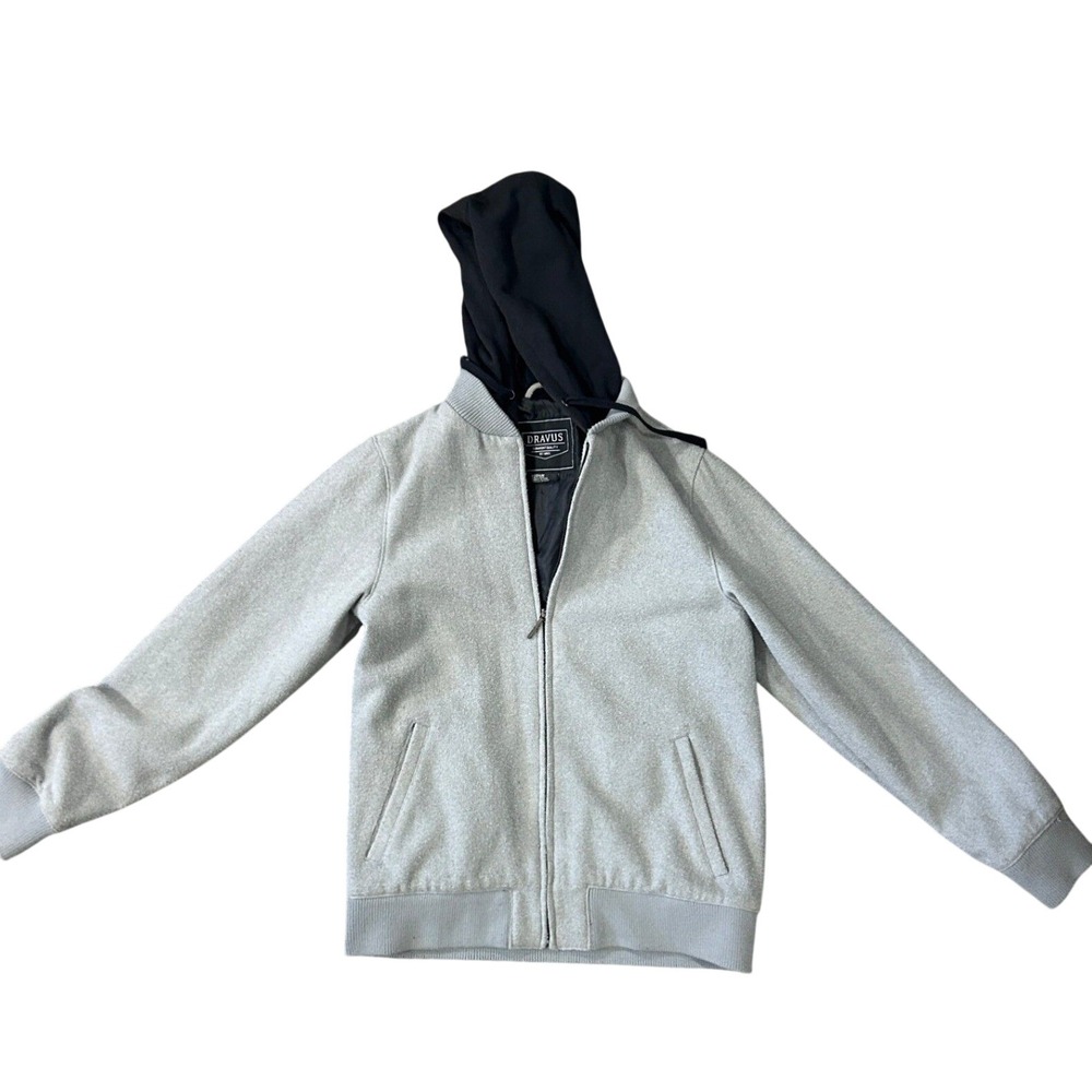 Dravus Mens Medium Gray Wool Blend Hooded Bomber Jacket Full Zip Outerwear